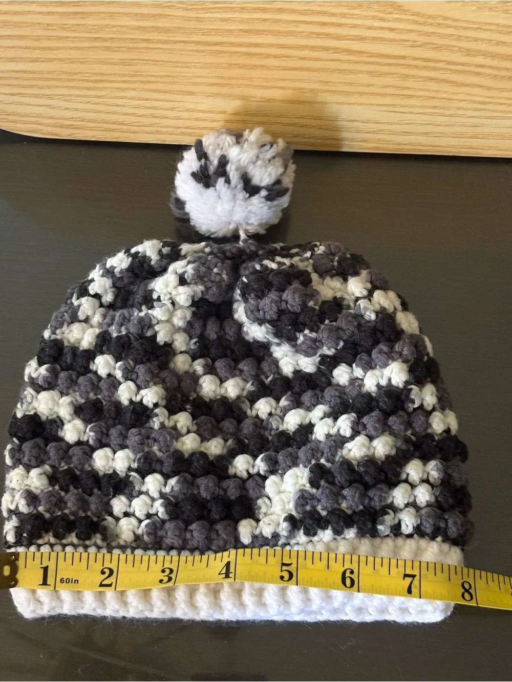 Handmade Pom-Pom Knit Beanie Hat - White, Gray & Black